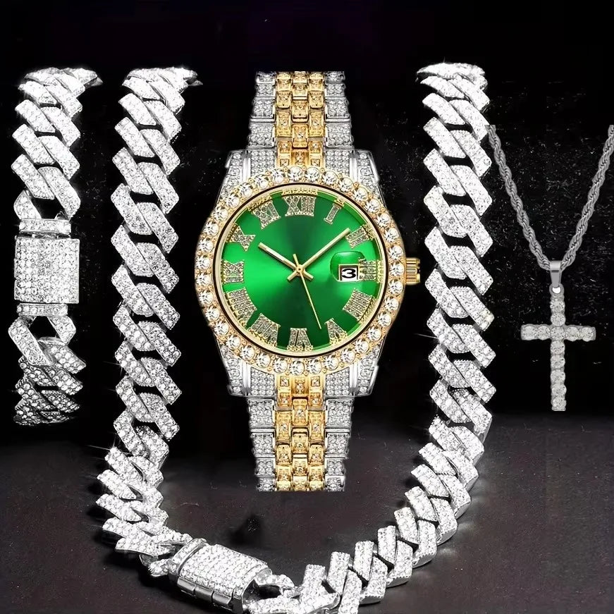 Diamond studded luxury steel strip quartz watch, diamond studded hip-hop Cuban bracelet set, watch set Qme Ivory