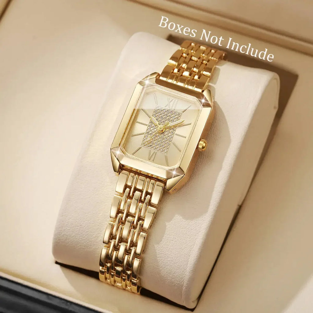 Moda retângulo feminino relógios senhoras pulseira de aço inoxidável quartzo relógios de pulso reloj mujer (sem caixa) Qme gold