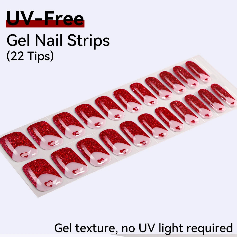 22Tips French Red Heart Kiss UV-Free Gel Nail Stickers Glitter Flower Qme BSA-0318