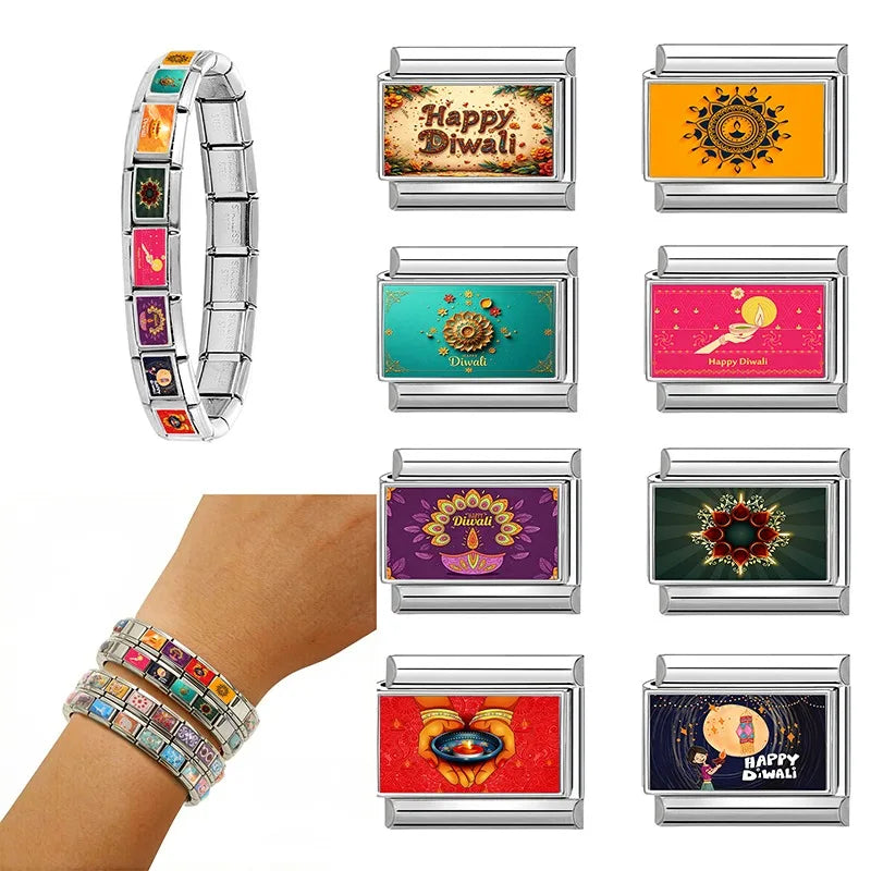 Happy Diwali Light up the Lights Italian Charm Links Fit 9mm Stainless Steel Men Women Y2K Bracelet DIY Making Jewelry Gifts Qme