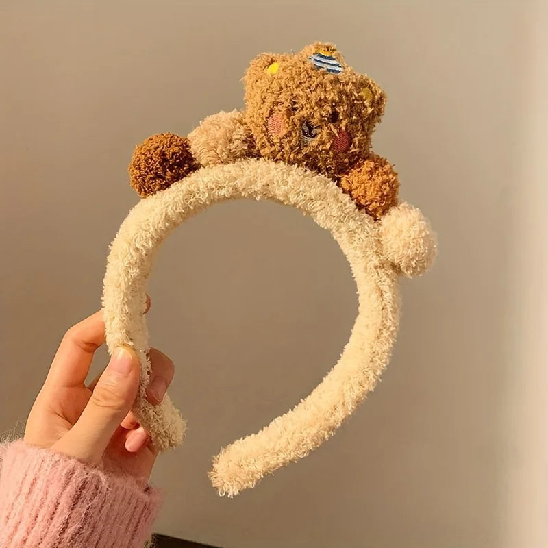 Cute Bear Plush Headband, Fluffy Cartoon Hairband For Washing Face, Makeup, Shower, Women Girls Qme Beige 1pc