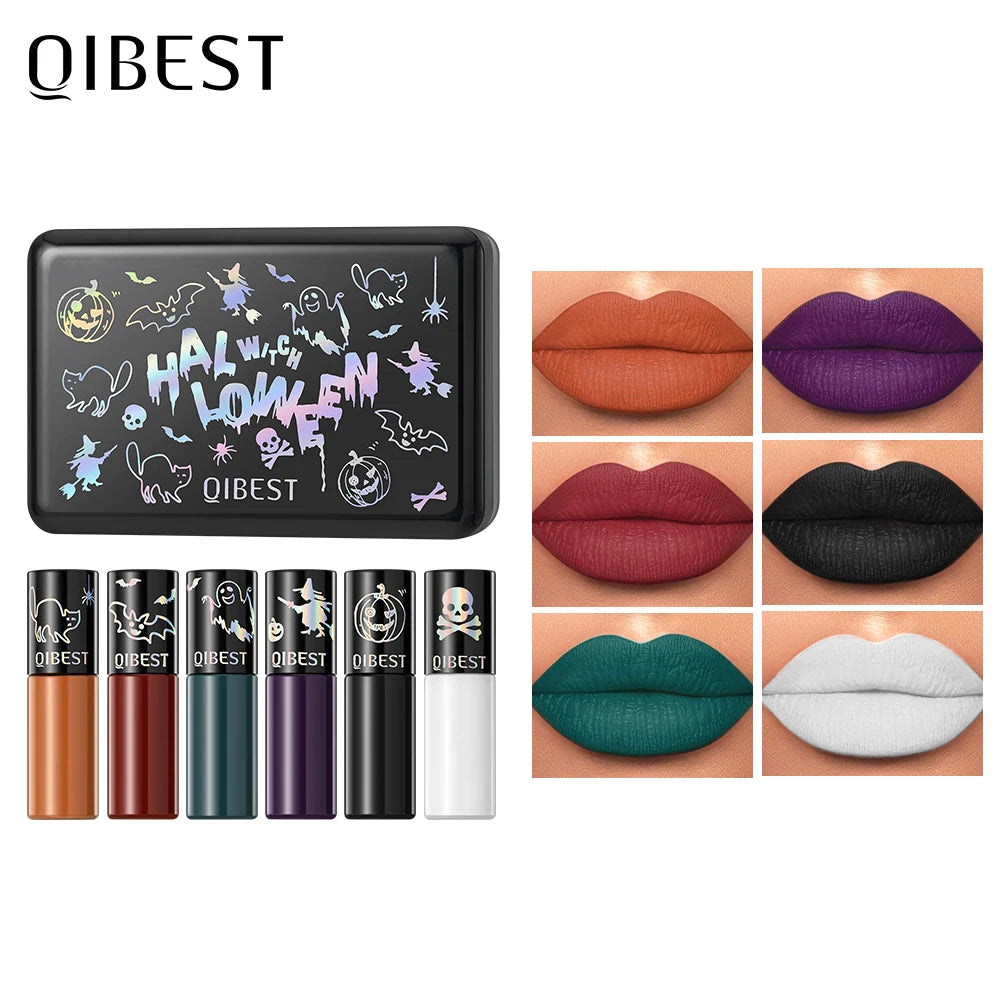 QIBEST Halloween Liquid Lipstick Makeup Sets Waterproof Matte Lipstick Red Black Orange Purple Lip Stain Tint Lasting Cosmetics Qme Makeup Sets