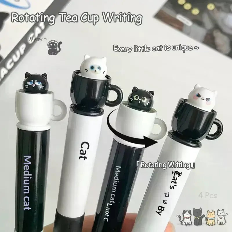 Cute Teacup Cat Gel Pens Fun Animal Quick Dry Pen Creative Rotating Qme