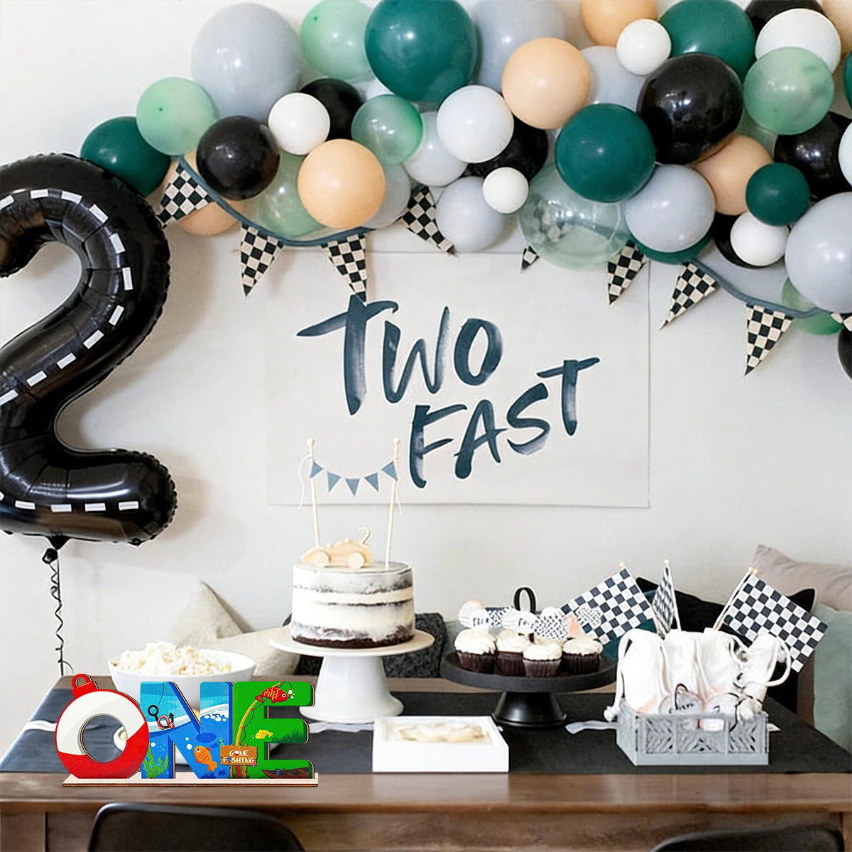 1SET 2D seaside vacation style ocean fishing theme "ONE" letter wooden desktop decoration, birthday party desktop decoration Qme