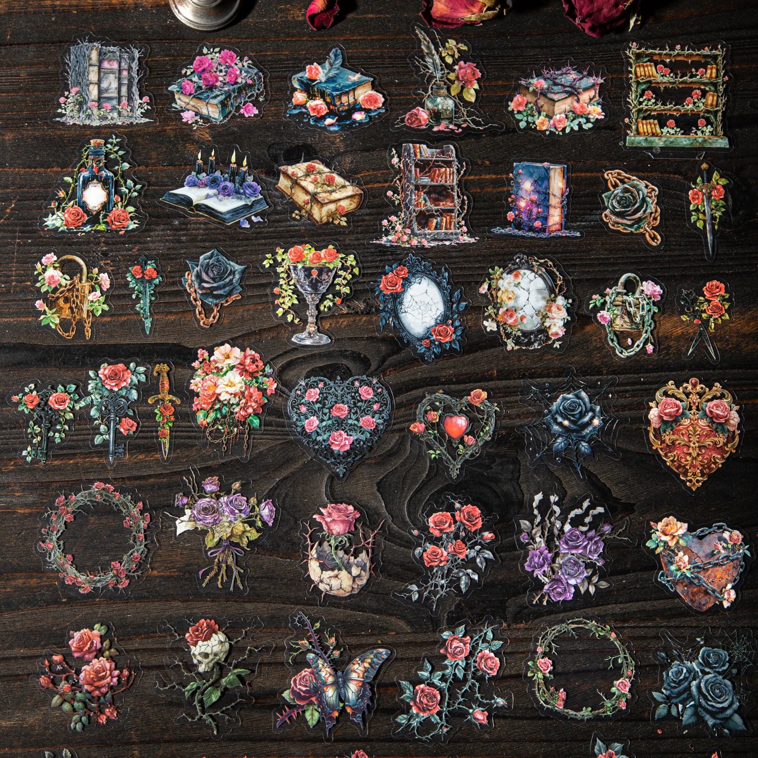 30 Sheets/Bag Dark Gothic Horror Rose Themed PET Sticker Pack for DIY Scrapbook Phone Case Notebook Decoration Craft Qme