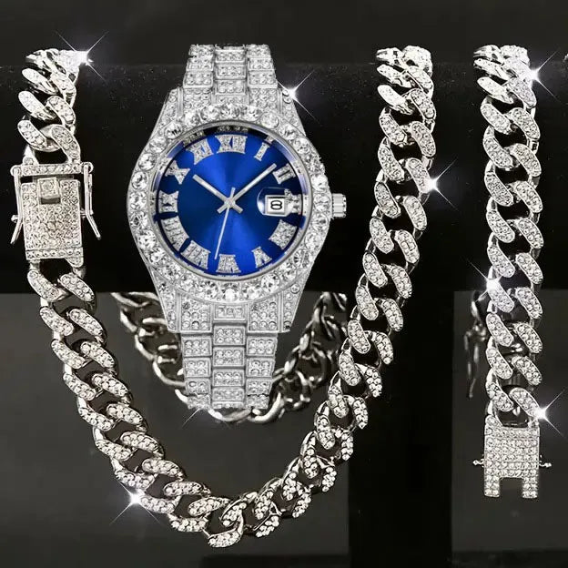 Men's Hip Hop Iced Out Watch and Jewelry Combo, Silver Plated Diamond Watch + Cuban Chain + Bracelet, Fashion Accessory Qme