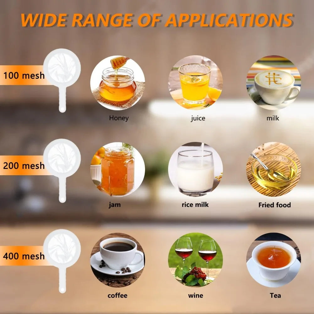 100/200/400 Mesh Ultra Fine Filter Mesh Strainer Spoon Sieve Washable High Density Nylon Screening Colander for Coffee Yogurt Qme