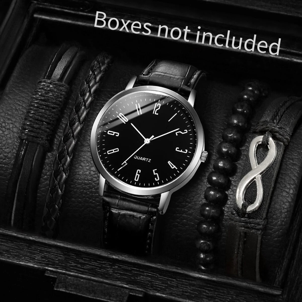 4/5PCS Fashion Men's Watches Bracelets Set Casual Arabic Dial Leather Strap Quartz Wristwatch Reloj Hombre（Without Box） Qme Black C Without Box