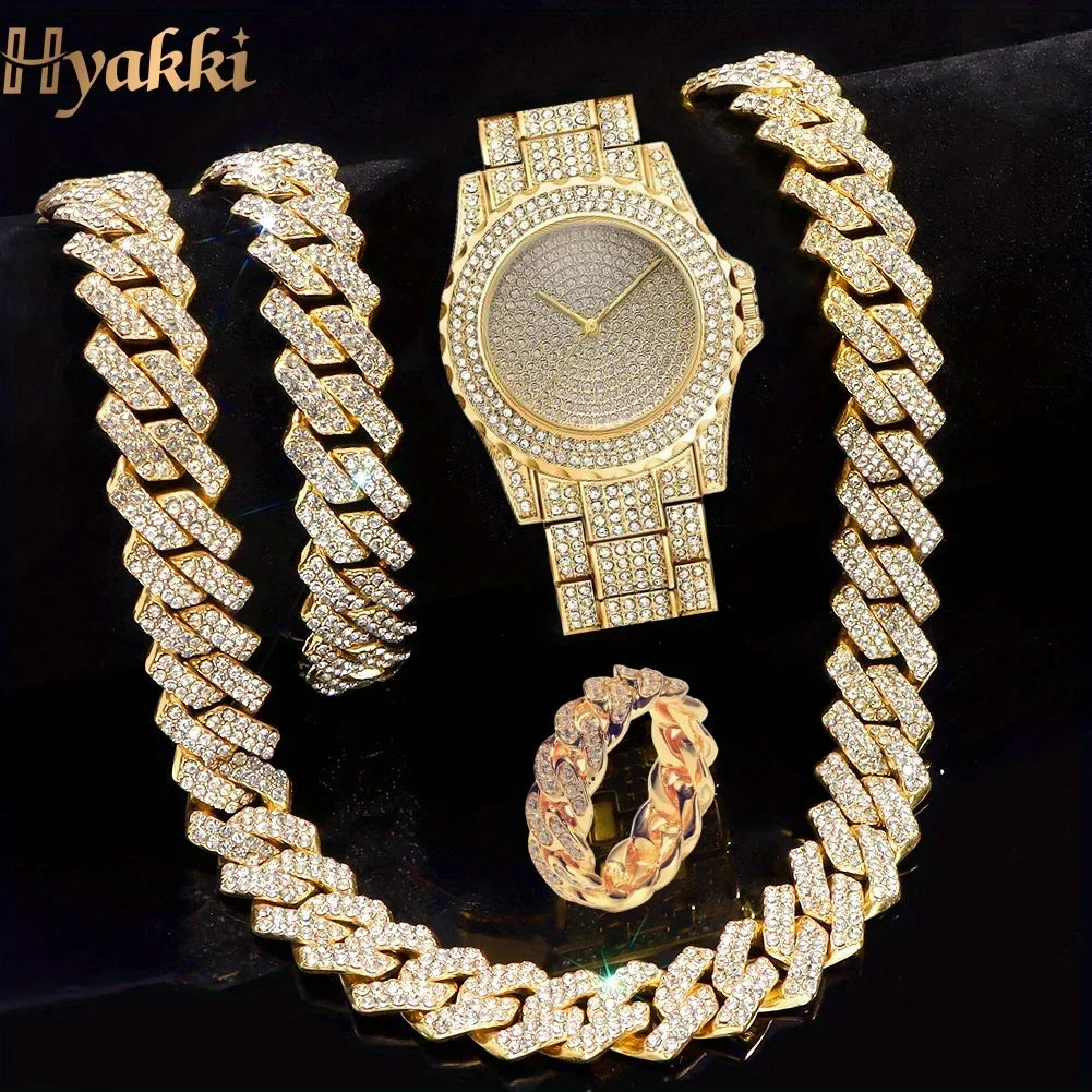 Heavy Bling All Crystal Paved Dial Gold Plated Men Wrist Watch Matching Iced Wide Cuban Chain Jewelry Gift For Rappers Night Par Qme