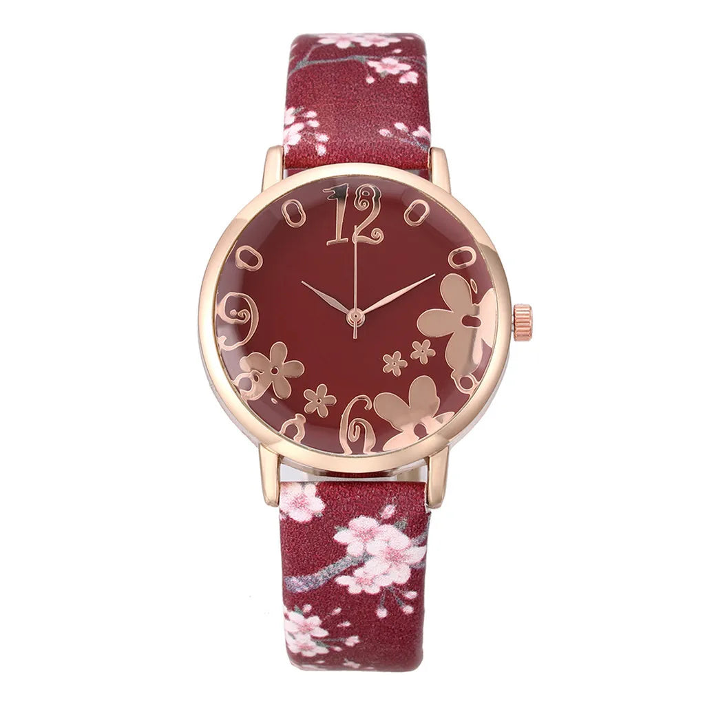 Watch for women with Colorful flowers small fresh printed belt Fashion Ladies Quartz Watch Exquisite watch часы женские Qme red