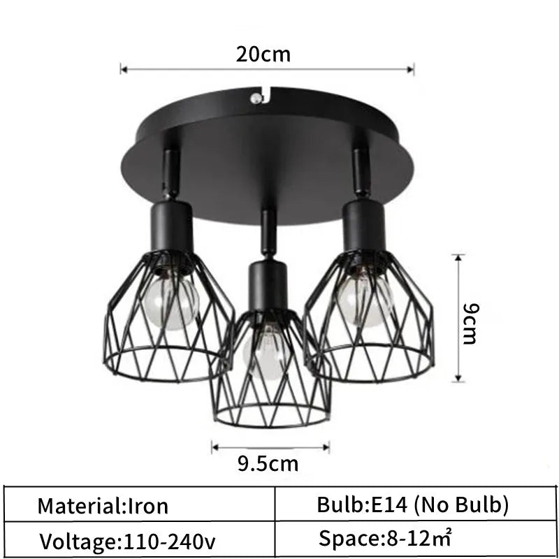 LED Ceiling Light Fixture Black Iron Farmhouse Kitchen Dining Table Hallway Bathroom Bedroom E14 Lamp holder Ceiling Light Qme 3 lights Round