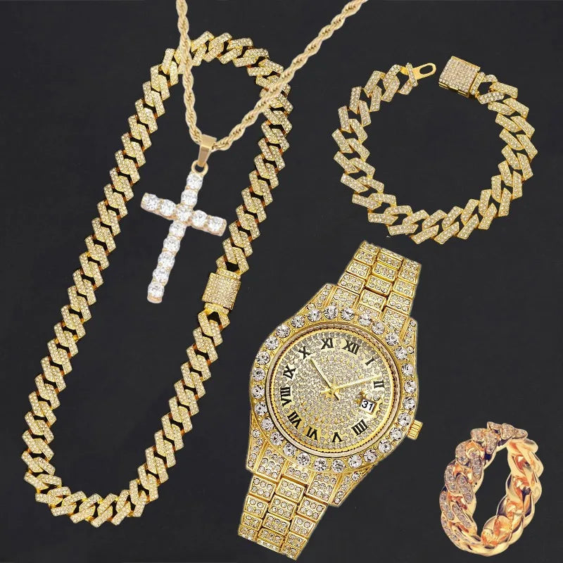 Men's Full Diamond Watch and Jewelry Combo Set, Iced Out Cuban Chain + Bracelet + Cross Pendant + Ring + Watch, Perfect Gift Qme