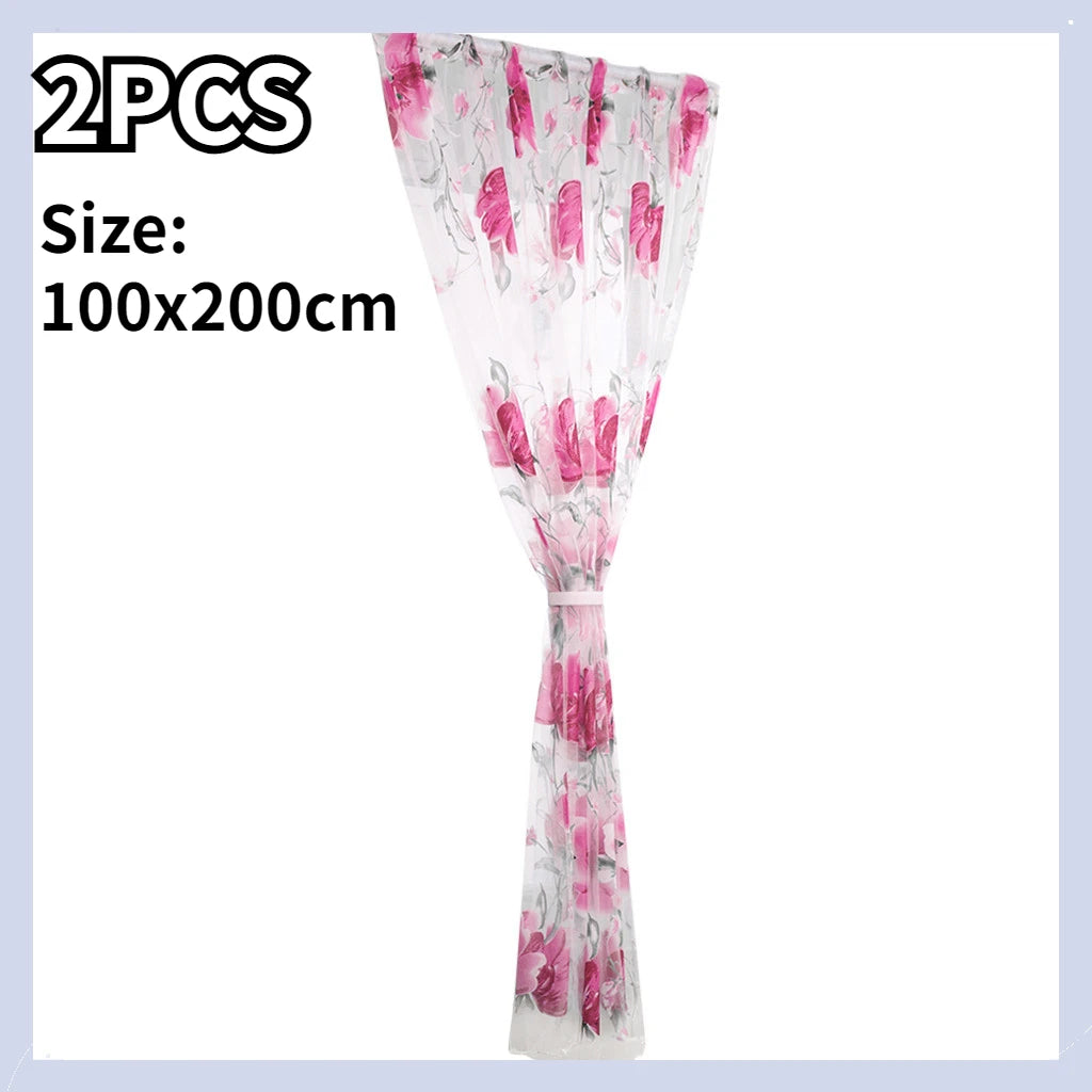 1/2 PCS Vines Leaves Tulle Door Window Curtain Drape Panel Sheer Scarf Valances Colorful Floral Pattern Transparent Curtains Qme Pink 2
