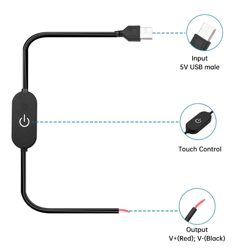 3pcs USB Switch Extension Cable 2A 1.5M DC5V/DC12-24V Touch Dimming Switch Cable for LED Strips On/Off Power Switch Qme
