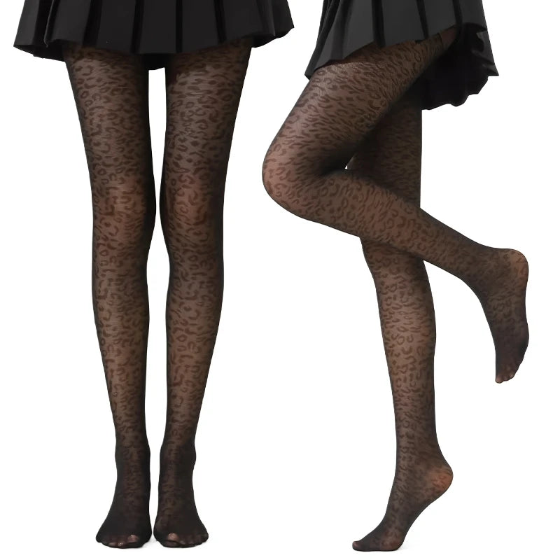 Women Black Sexy Vintage Seamless Stockings Leopard Pattern Sheer Qme