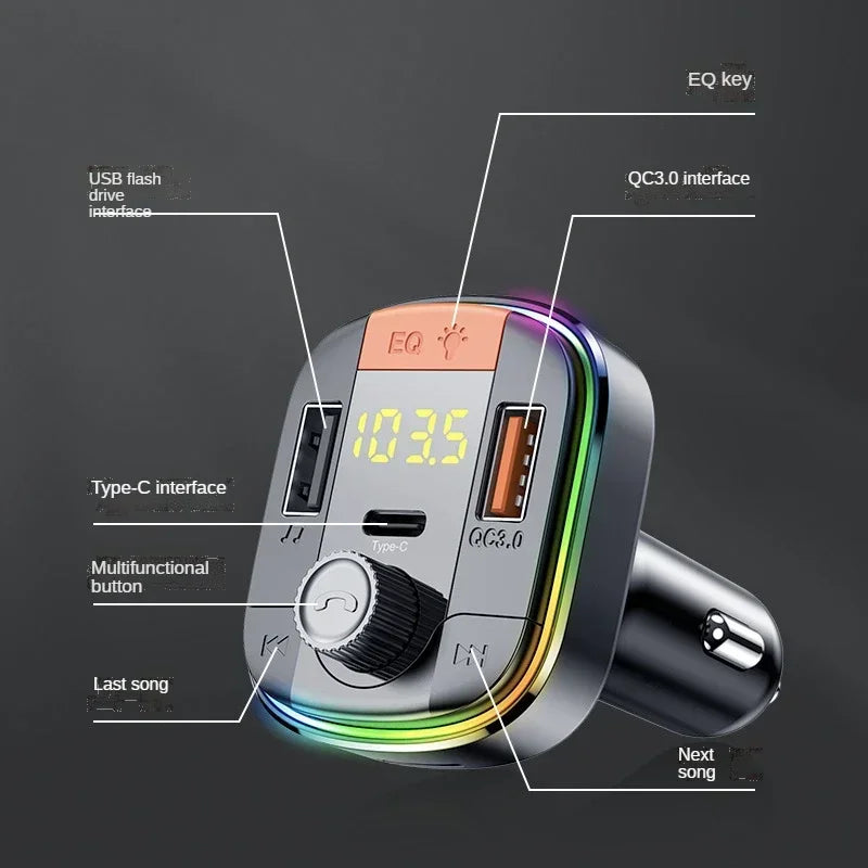 Dual USB PD18W+QC3.0 Fast Charger, One Key Bass, Handsfree U Disk Music Play, Bluetooth 5.0 FM Transmitter Car MP3 Player Qme