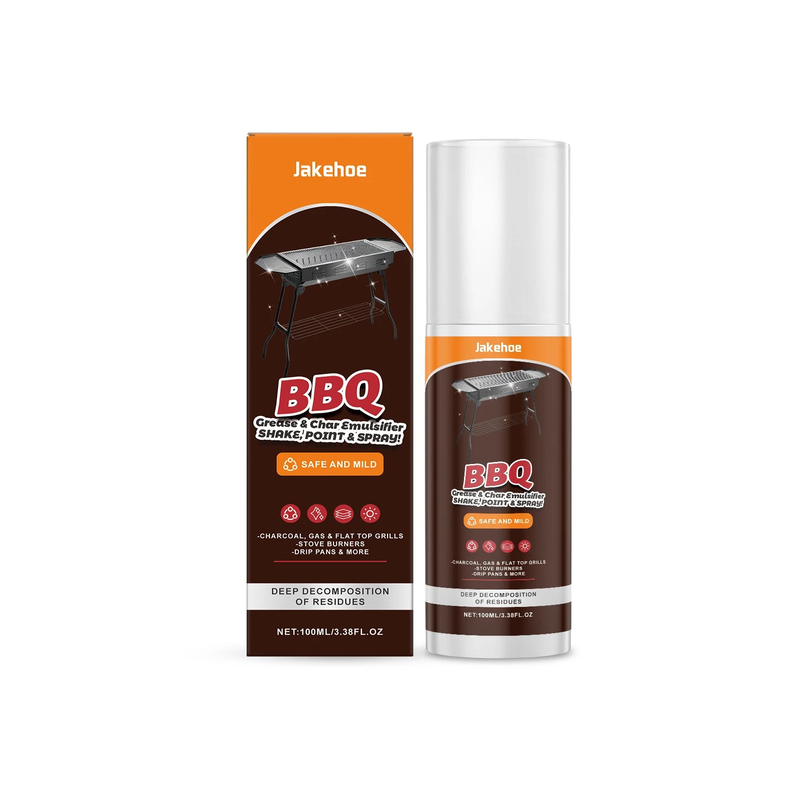 JAKEHOE BBQ Grill Cleaner Spray Dissolve Oil Stains Remove Burnt-On Food Fast-Acting BBQ Cleaning Solution Heavy-Duty Degreaser Qme 100ml Boxed
