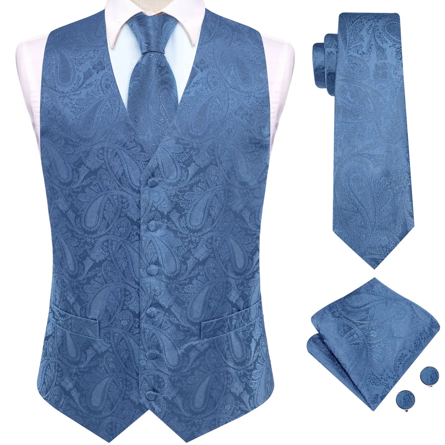 Mens Suit Vest Tie Hanky Cufflinks Rose Teal Pink Coral Blue Red Qme MJTZ3556 L