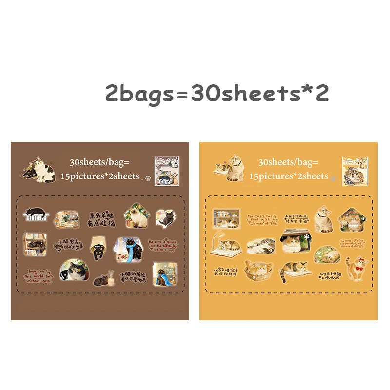 2 Bags Cat Diary Sticker Pack, Journal Scrapbooking Supplies, Cute Healing Aesthetic Multi-Use Stationery Gift Qme A