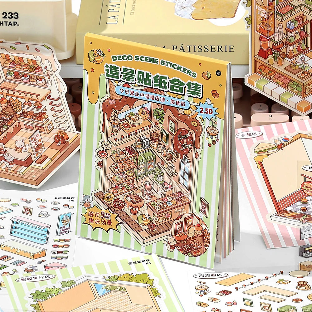 13 Pcs in 1 Book Cartoon 2.8D Landscape Sticker DIY Pocket Cabin Scene Stacking and Stick Stickers Gift for Kid Child Student Qme C