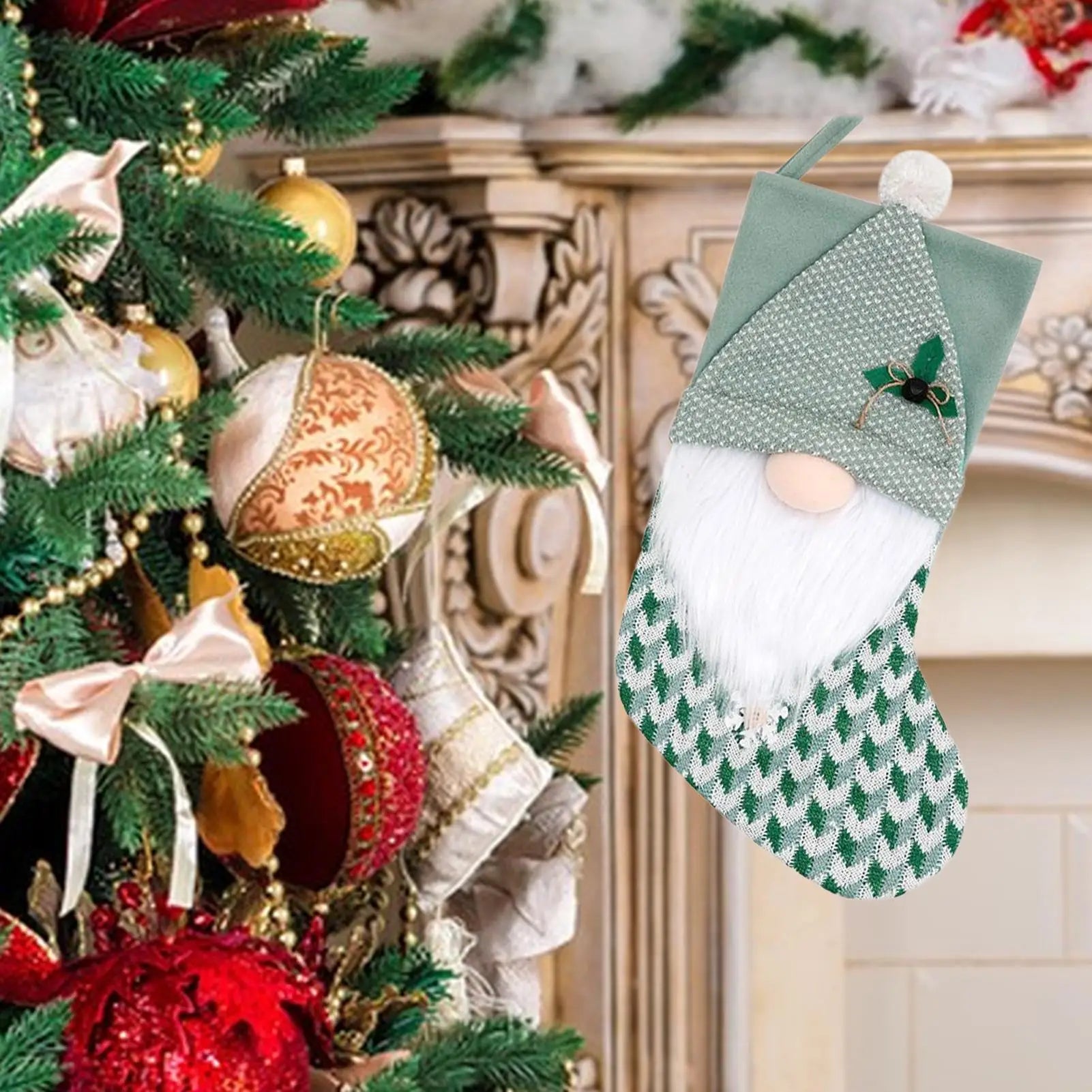 Large Christmas Stockings Hangable Green Decoration Fireplace Party Qme