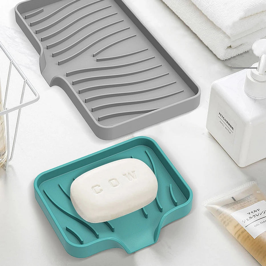 Self Draining Soap Bar Holder Silicone Kitchen Sink Soap Dish Sponge Tray Counter Caddy Organizer for Dish Soap Dispenser Qme