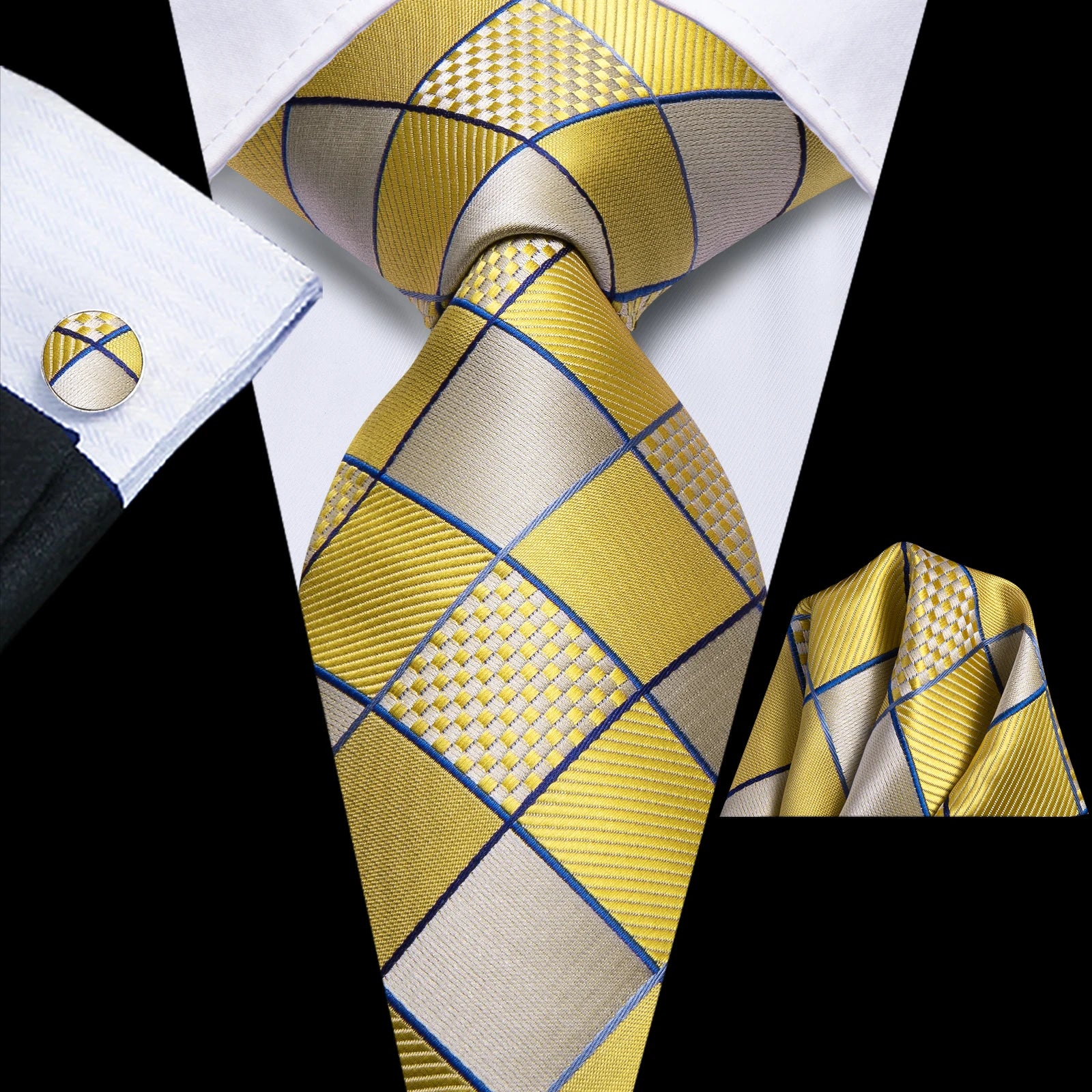 Hi-Tie Men Fashion Necktie Yellow Orange Brown Handkerchief Cufflinks for Tuxedo Accessory Classic Silk Luxury Gift Tie Qme HT-N-0180