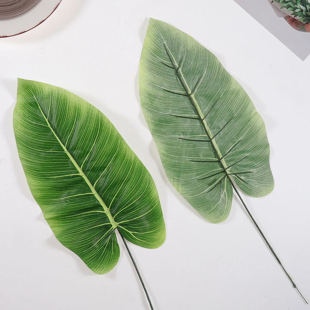 2Pcs Artificial Green Leaves with Flexible Steel Stem for Home Party Jungle Theme Decor Photo Prop Premium Plastic Fabric Faux Qme