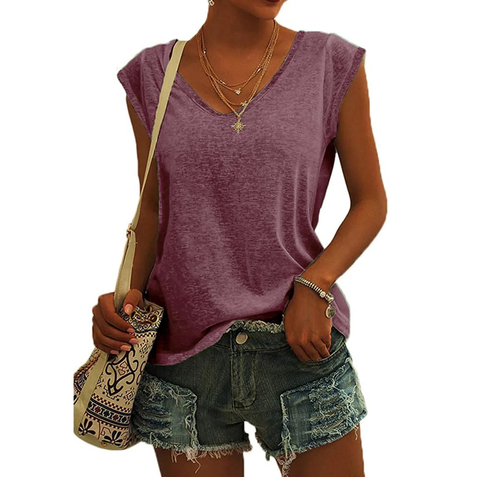 Women's Solid Color Minimalist Fashionable V-Neck Sleeveless T-Shirt Casual And Versatile Loose Summer Basics Street Tank Tops Qme Wine L