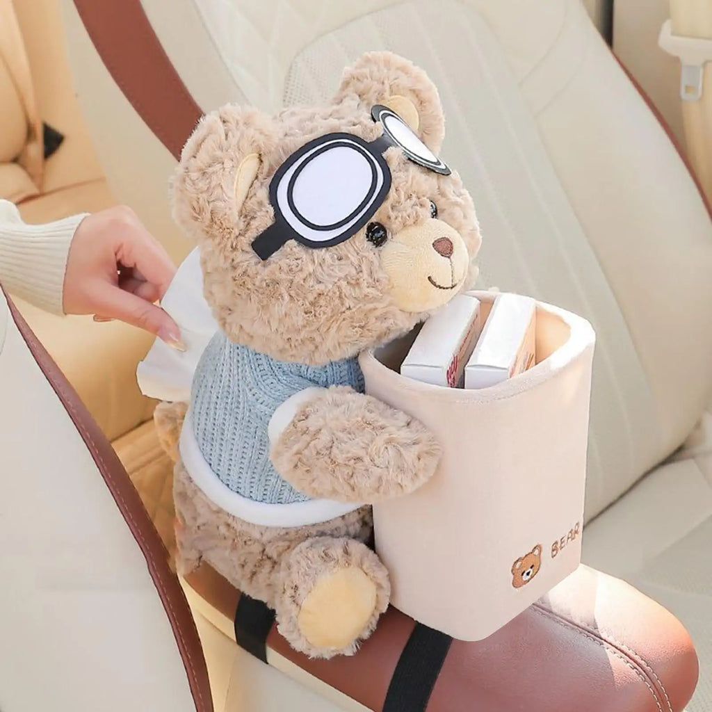 1pcs Car Tissue Box Auto Cartoon Trush Can 2-in-1 Leakproof Plush Bear Tissue Holder And Trash Can For Vehicle Home Travel Qme