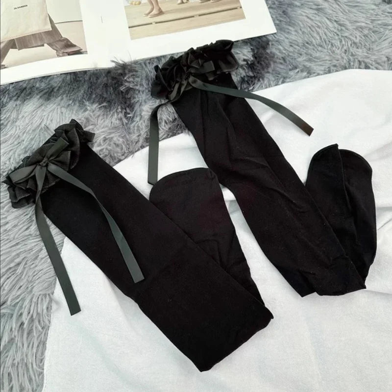 Women Lace Black White Ruffle Long Socks Girls Sweet Stockings JK Qme