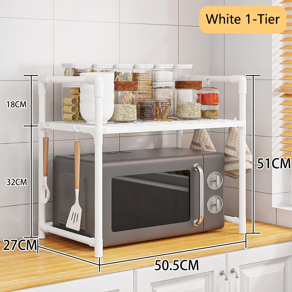 Extra Wide Microwave Stand - 2-Tier Heavy-Duty Kitchen Shelf for Oven Toaster & Spice Racks with Handrail Hooks Non-Slip Qme White 1-Tier