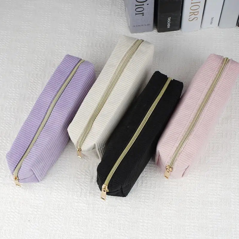 Vintage Simple Solid Corduroy Pencil Case Large Capacity Stationery Qme