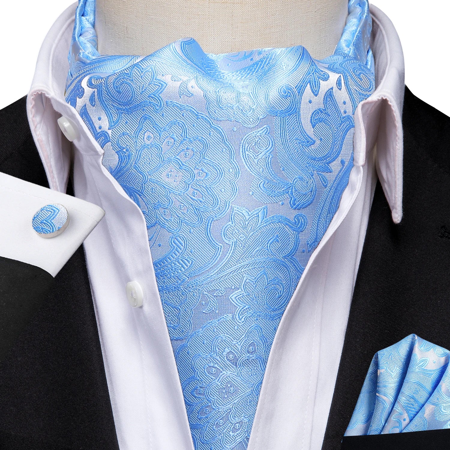 Hi-tie Silk Mens Ascot Pocket Square Cufflinks Jacquard Paisley