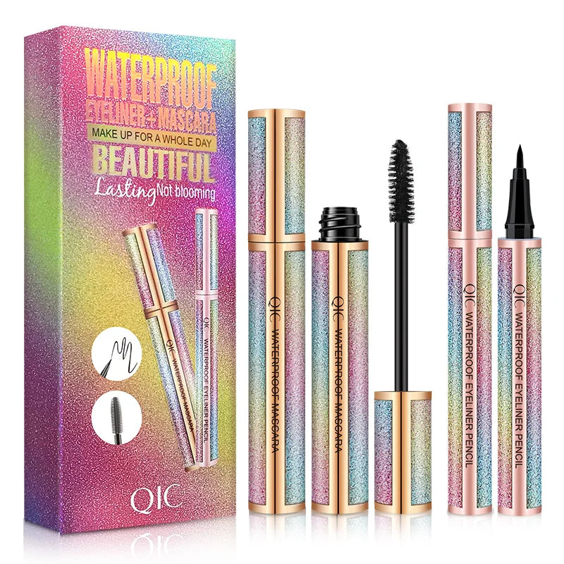 Black Mascara Liquid Eyeliner Set,5D Waterproof Fiber Colored Mascara Volume and Length,Longlasting Smudgeproof Eye Liner Pen Qme