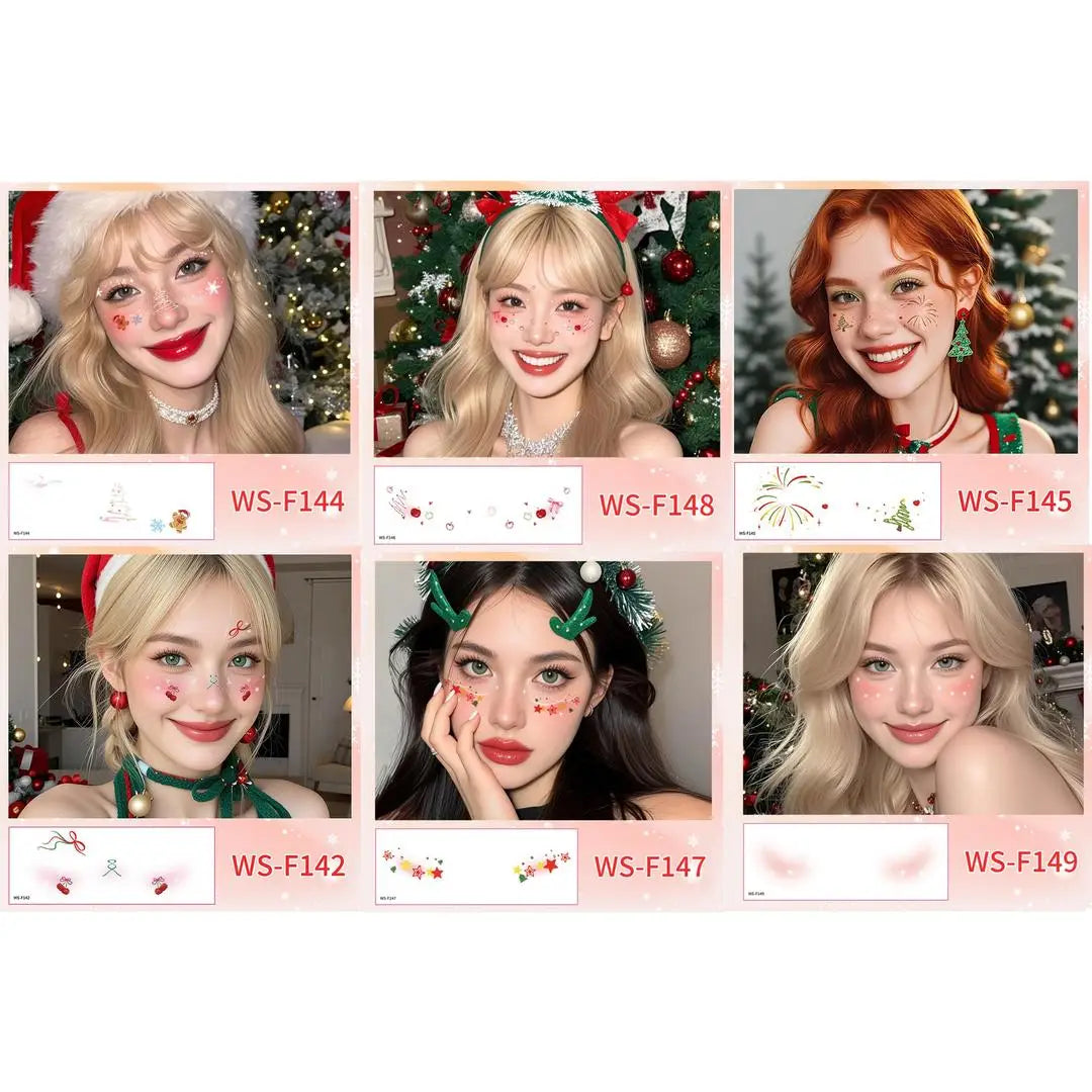 A New Stock Christmas Face Tattoo Stickers, Waterproof Sweatproof Creative Makeup Decals for Xmas Party Ball Event Cosplay Qme 6pcs WS-F144F149