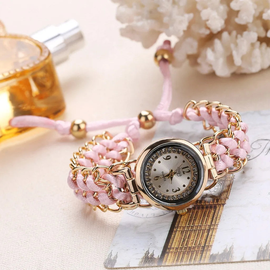Women Knitting Rope Chain Winding Analog Quartz Movement Wrist Watch Fashionable Simple Style Quartz Wristwatch Reloj Mujer Qme Pink