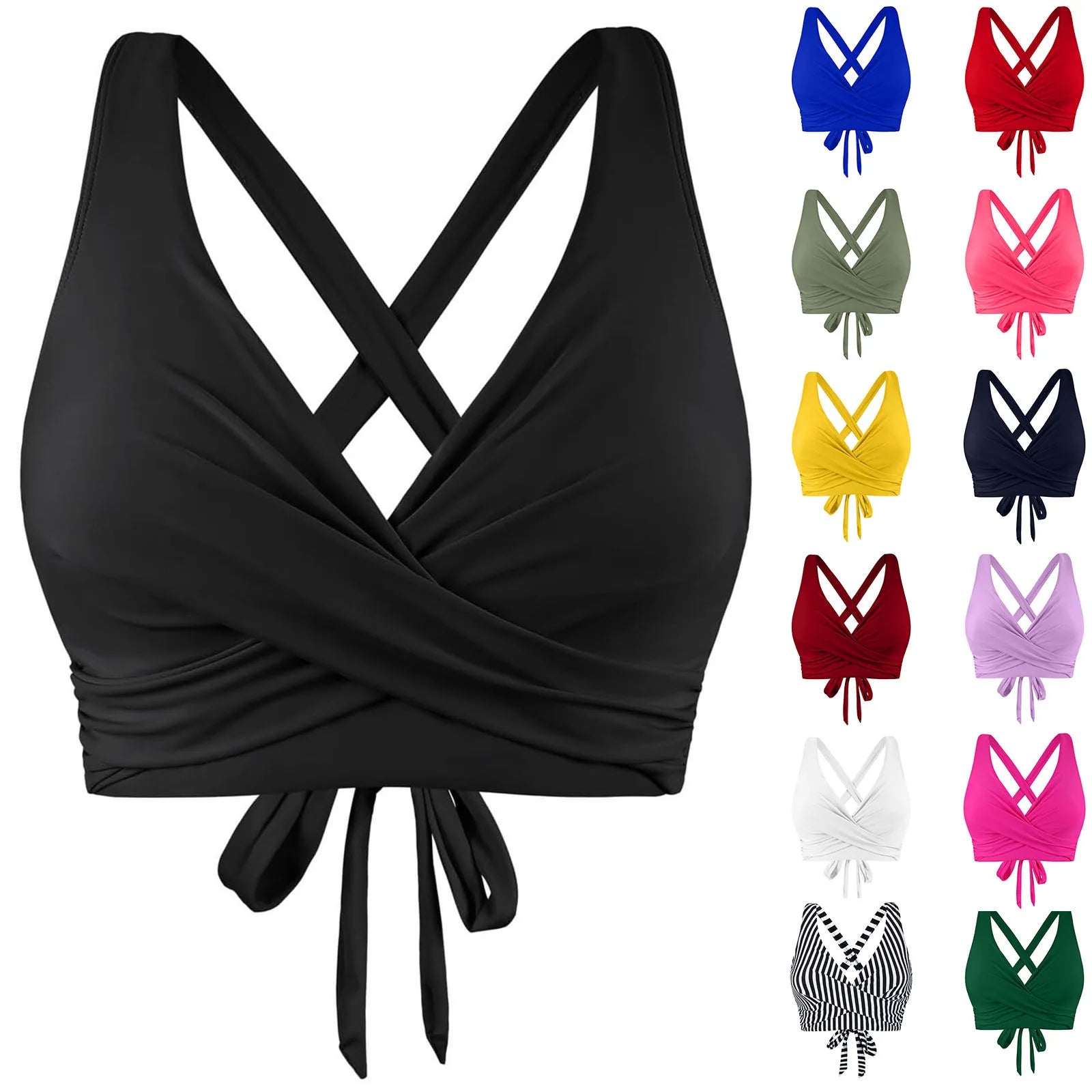 Female Basic Backless Sexy Swimming Top Fashion High Waist Solid Color Cross Tie Bra Pad No Steel Support Swimsuit Qme