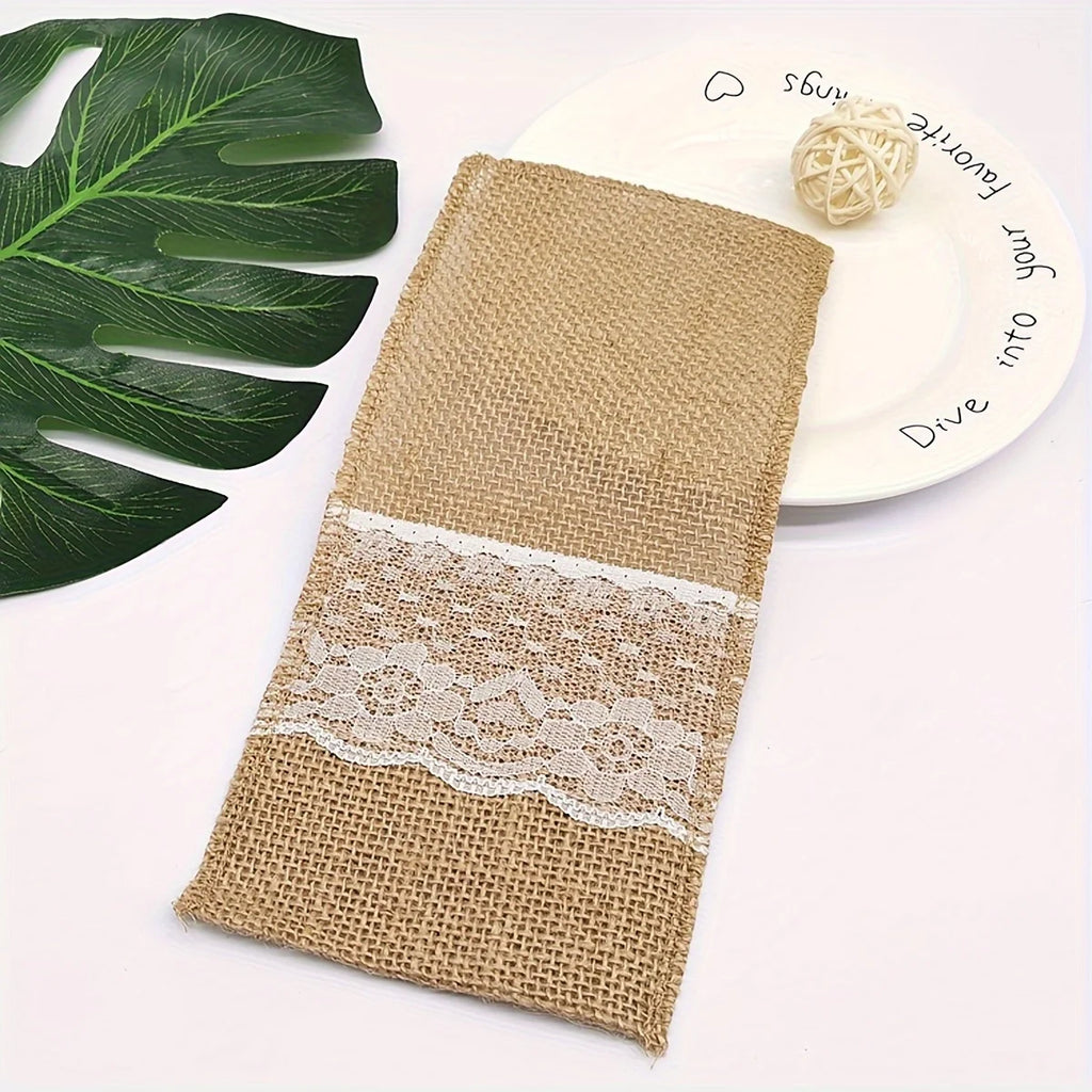 Natural burlap cutlery bag with lace silver napkin holder, wedding party bridal shower table decoration Qme