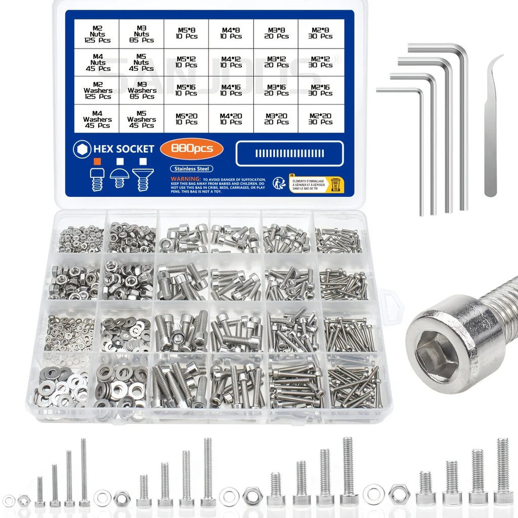 Accessory set - Hexagonal head bolts, nuts, screws and screws Qme 880pcs set
