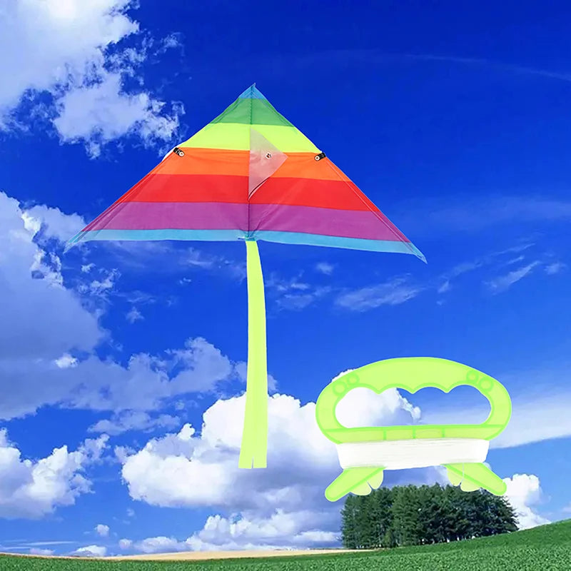 Colorful Triangle Rainbow Kite Flying Toys Children Kids 30M String Qme