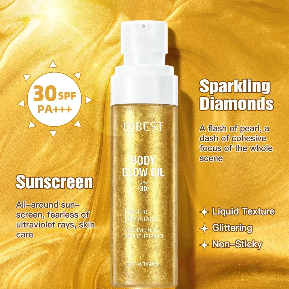 QIBEST Liquid Highlighter Gold Shimmer Oil Waterproof Smooth Diamond Face Body Glow Illuminator Body Highlight Lasting Cosmetics Qme