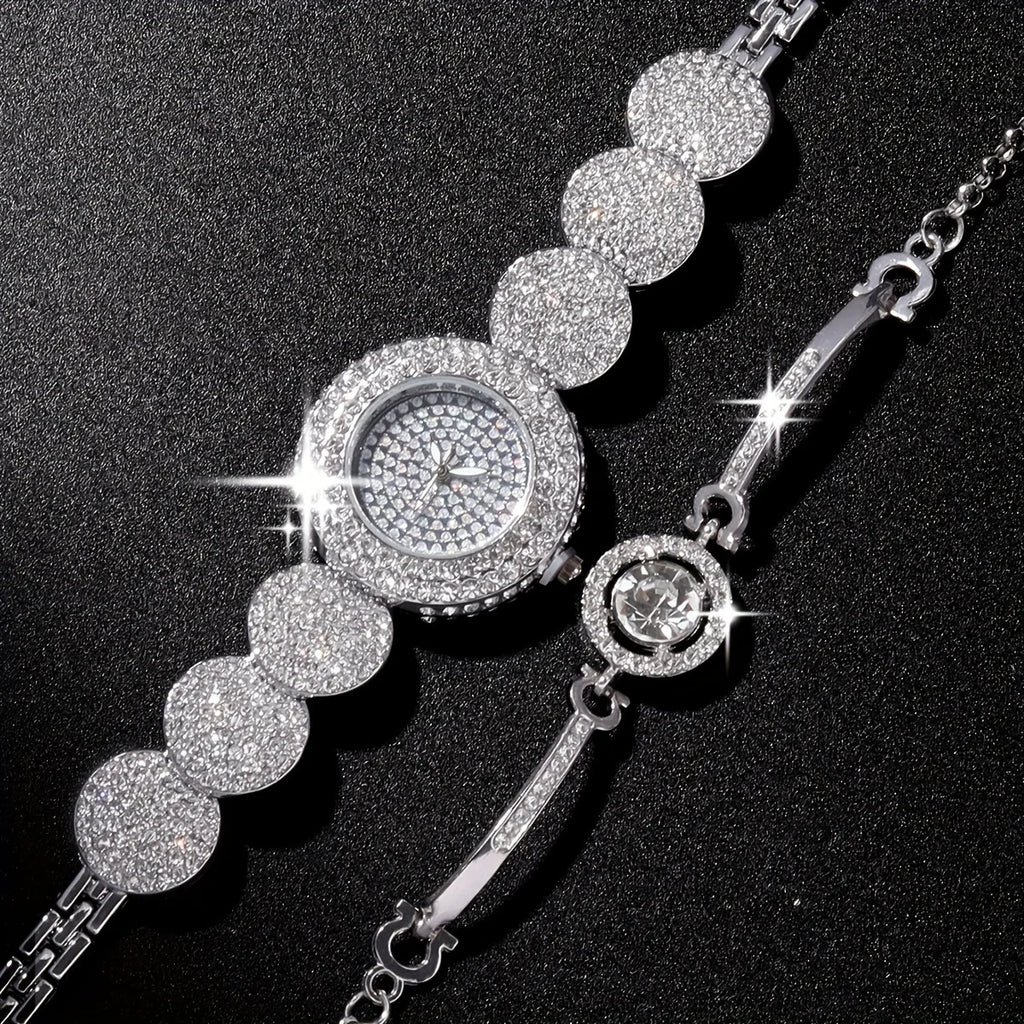 2pcs/set Women's Watch Luxury Rhinestone Quartz Bracelet Watch Stainless Steel Bangle Cuff Watch & Bracelet, Gift For Mom Her Qme