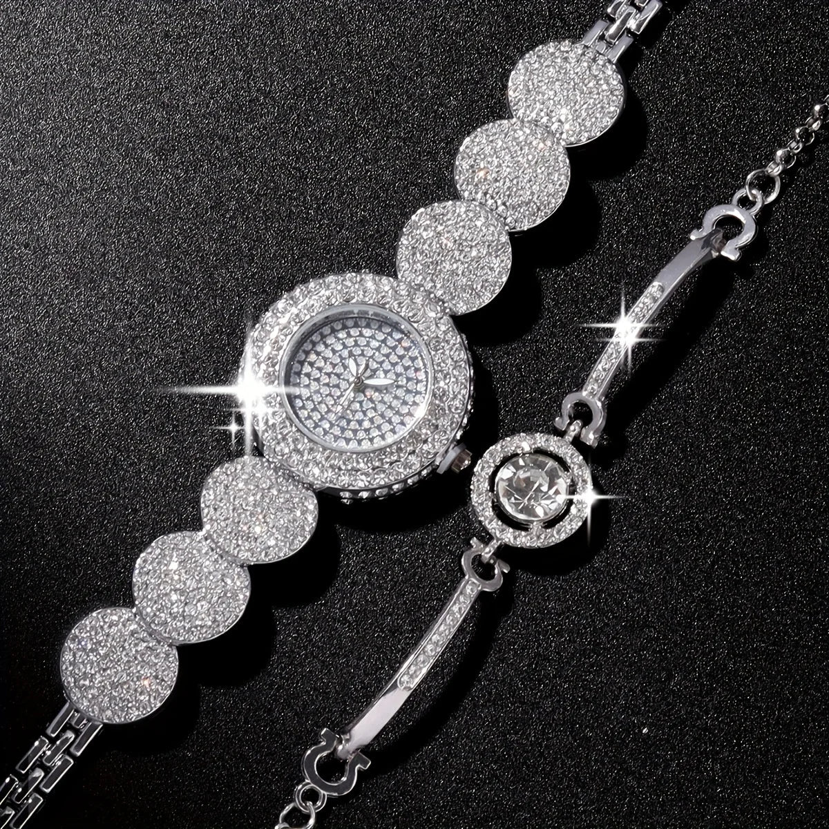 2pcs/set Women's Watch Luxury Rhinestone Quartz Bracelet Watch Stainless Steel Bangle Cuff Watch & Bracelet, Gift For Mom Her Qme