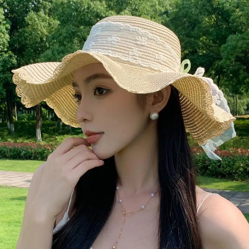 Summer Flower Straw Hat Foldable Sun Wide Large Brim Beach Hats Qme