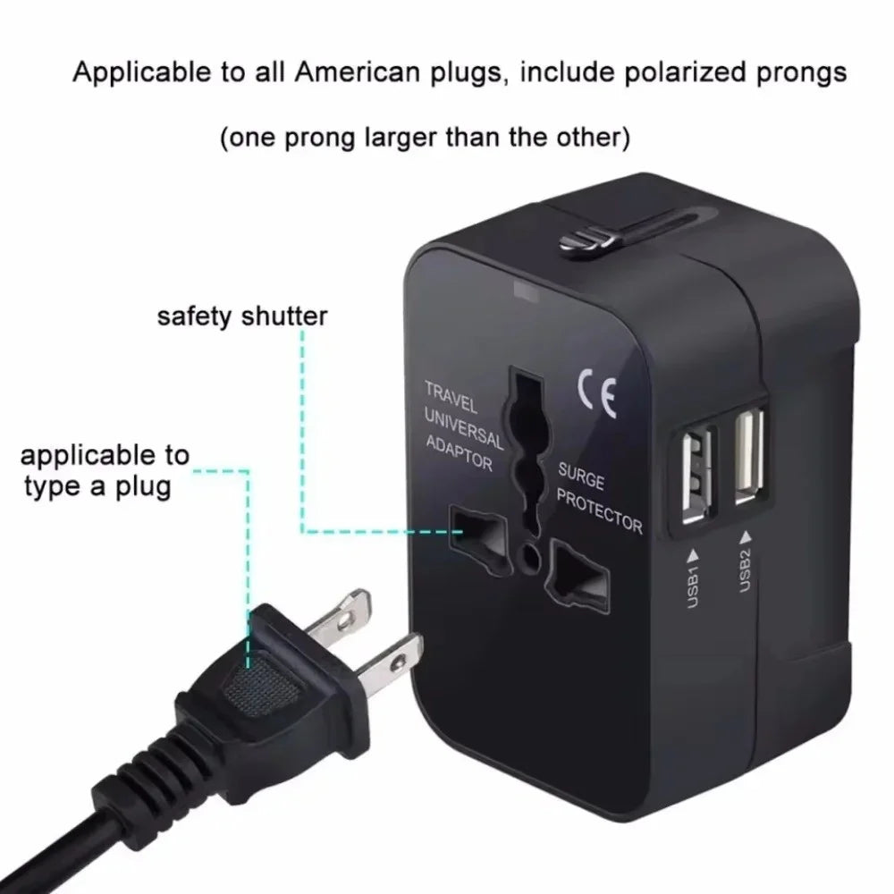2 USB Charging Universal Travel Adapter International Plug Adapter World Travel AC Power Converter Socket AU EU UK US European Qme