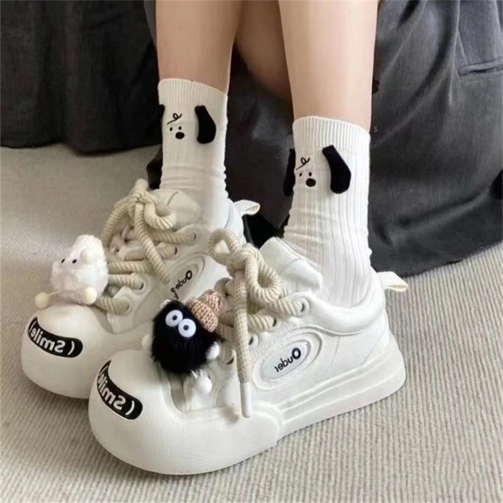Cartoon Cute Black White Women New Fashion Kawaii Large Shoes Versatile Platform Shoes Skateboard Sneakers With Thick Shoelaces Qme