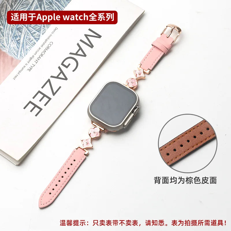 Applicable to iWatch10 strap Apple S9 watch AppleWatch metal four-leaf clover S8 leather S7S6 women's model Qme Powder with powder Ap-3841S10-42mm