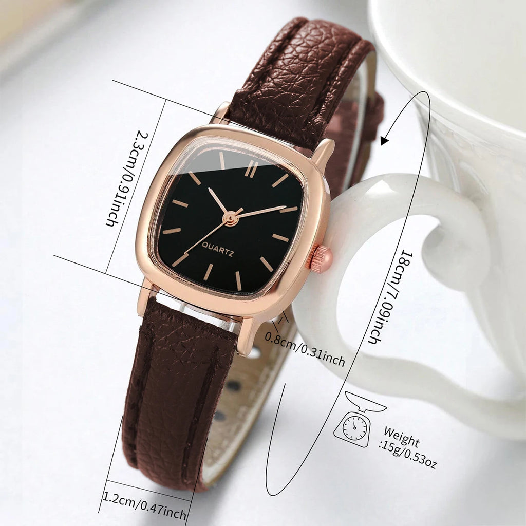 Women's Minimalist Square Quartz Watch, Rose Gold Tone Case with Brown Leather Strap, Casual Fashion Accessory Qme