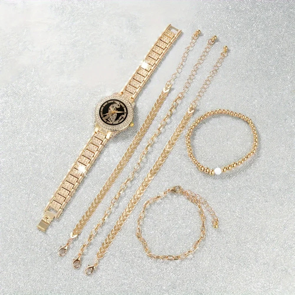 6pcs/set Women's Elegant Cheetah Leopard Quartz Watch Shiny Rhinestone Analog Wrist Watch & Bracelets, Gift For Mom Her Qme